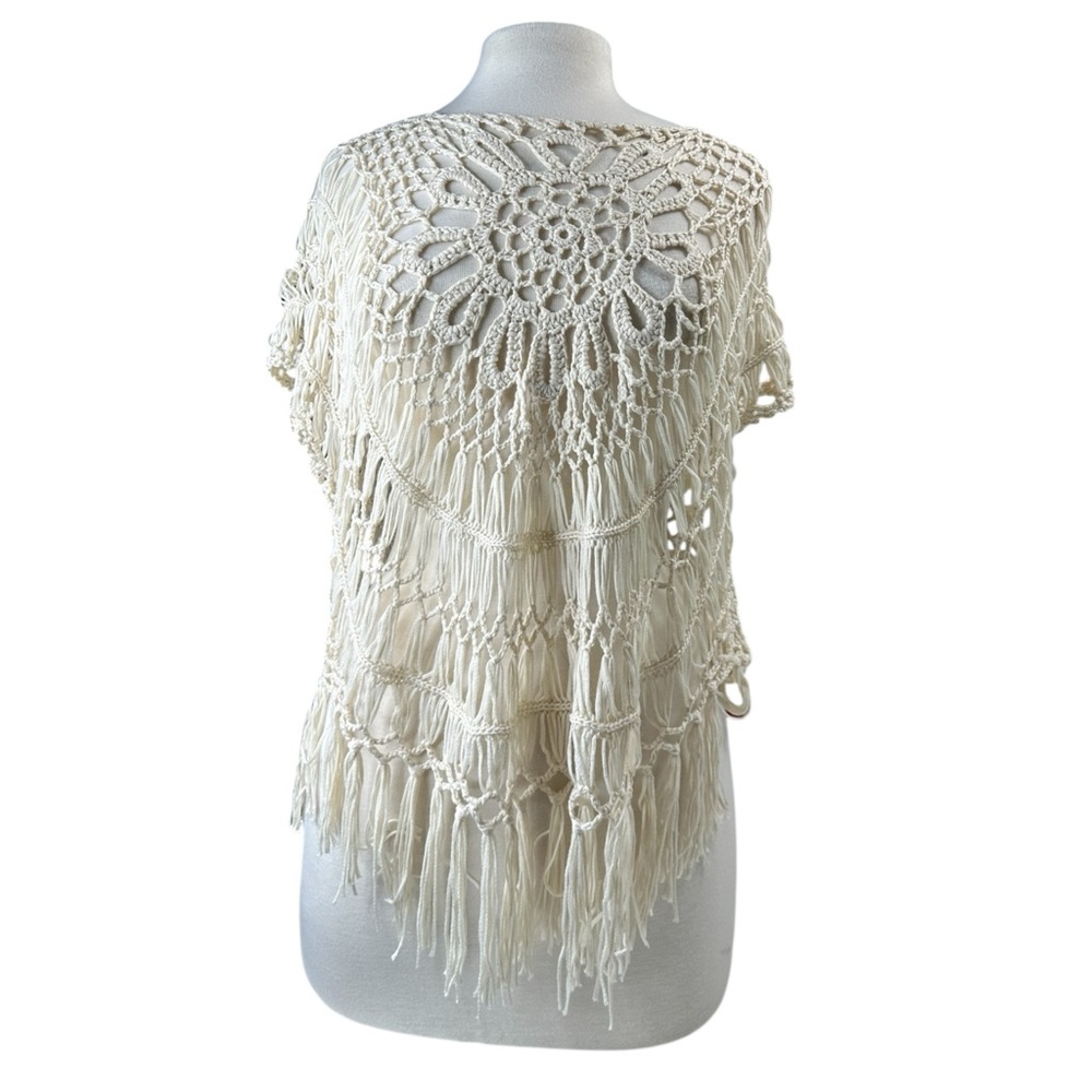 Forever21 Crochet Top Beach Cover Up Cream Fringe Poncho Crochet Shirt Summer - Picture 13 of 13